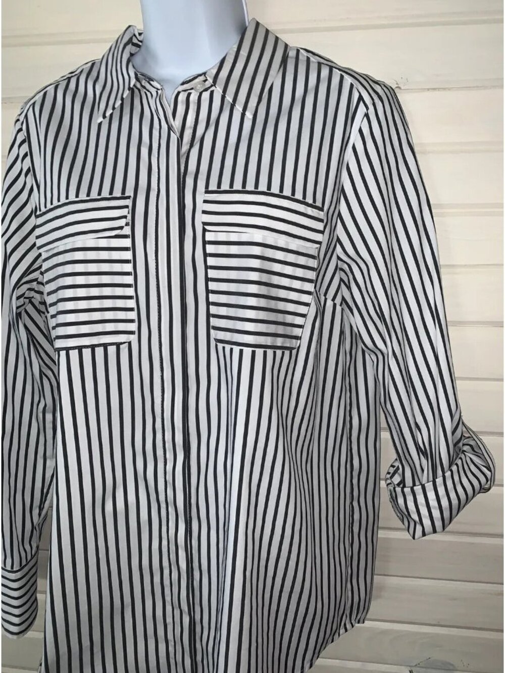 Vision 155 Sz 12 Black White Stripe Blouse Pocket Tunic Cotton Nylon Stretch EUC